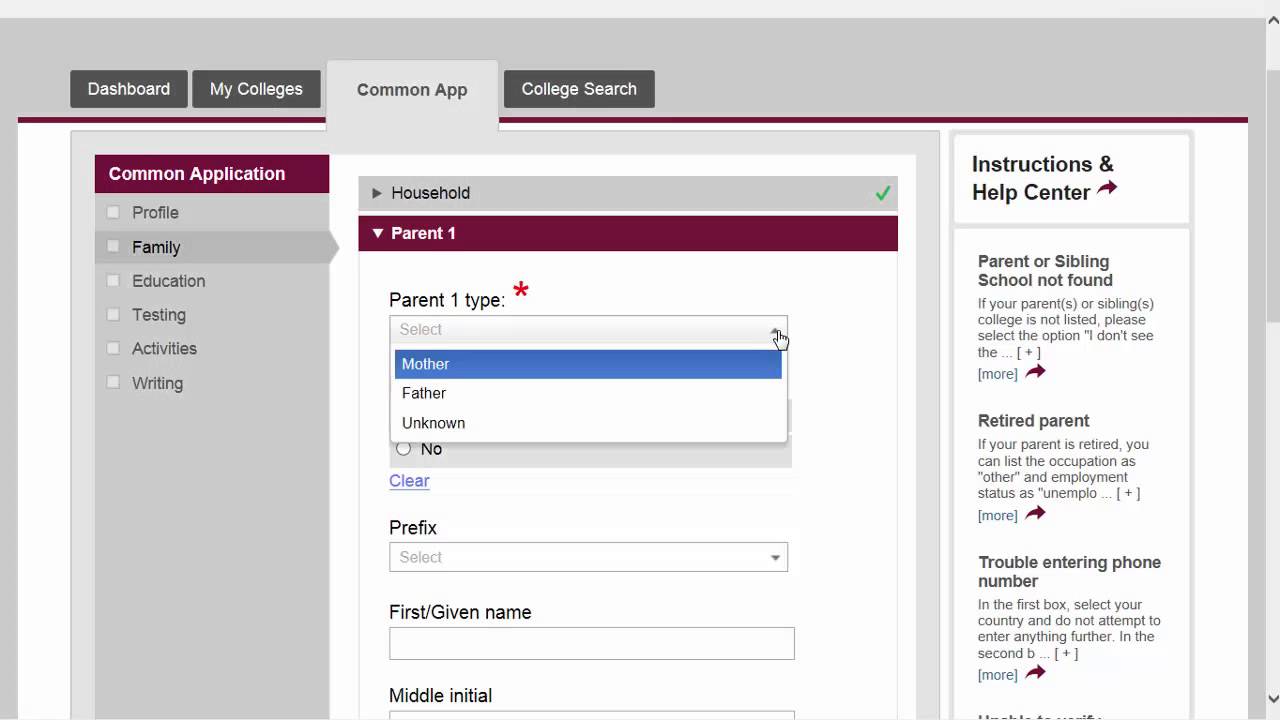Common Application walkthrough part 3: Family