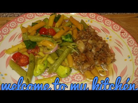 PASTA AND AVOCADO SALAD WITH COD FISH.