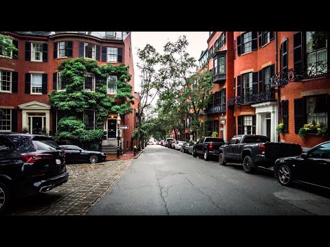 Boston Public Garden & Beacon Hill Walk (4K), Binaural Audio (Light Rain & City Sounds)