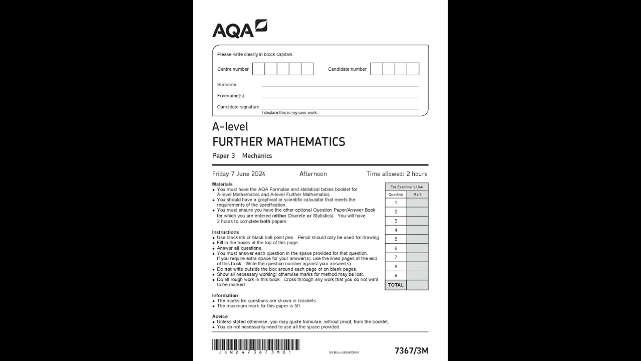 2024 AQA A Level Further MathemATIcs Paper 3 7367 3m Mechanics