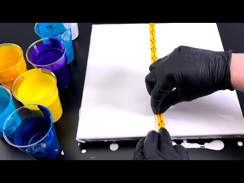 String pull acrylic painting - fluid abstract art with a thin rope