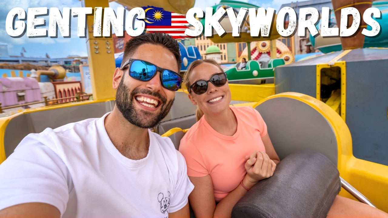Experience the grandeur of Genting SkyWorlds through a cinematic lens, showcasing its theme zones, spectacular attractions, nestled in a mountainous theme park.