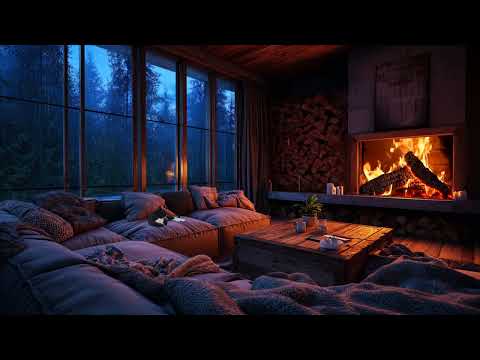 Cozy Attic Living Room with Thunderstorm, Rain Sounds, and Crackling Fireplace