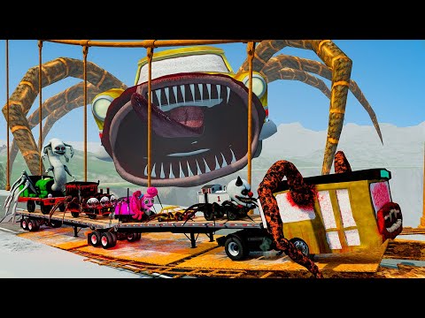 ALL MONSTERS on the Double flatbed Big & Small Cars vs Broken Bridge with CAR EATER – BeamNG.Drive