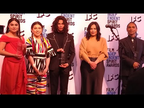 RESERVATION DOGS Devery Jacobs, D’Pharaoh Woon-A-Tai, Paulina Alexis backstage at Spirit Awards 2022