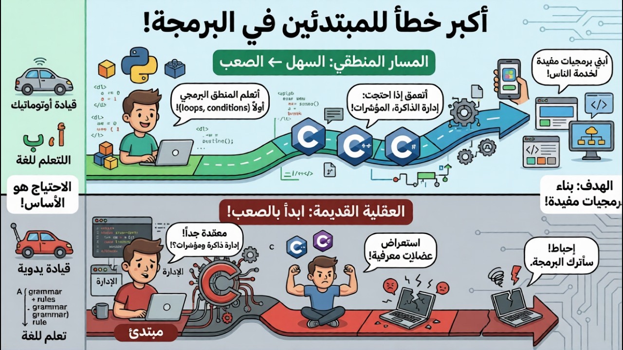 أكبر خطأ للمبتدئين في البرمجة: ابدأ بالسهل أم بالصعب؟ (تحليل المسار الصحيح)