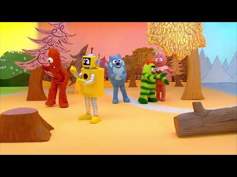 Yo Gabba Gabba Brobee pushes Muno, Toodee, and Foofa and knocks over Plex