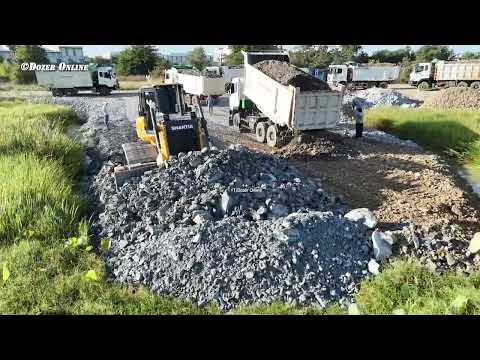 Great Land Reclamation Project SHANTUI Dozer C3 Pushing Stone And Many Dump Trucks unloading Stone