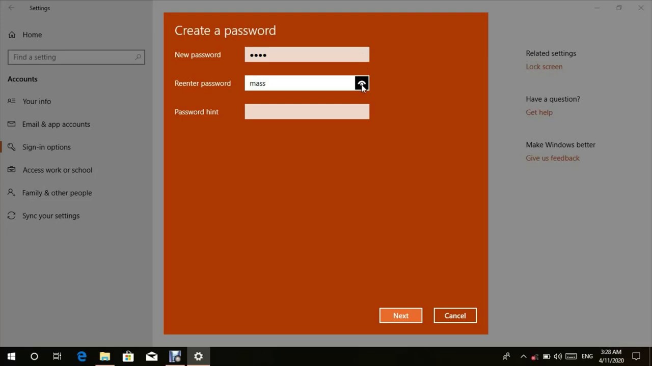 How to add password windows 10 and password hint