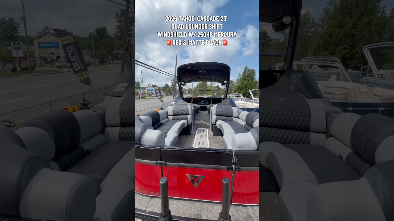 2026 Tahoe Cascade 23' Quad Lounger Shift Windshield w/ 250hp Mercury (Red & Matte Black) TRITOON