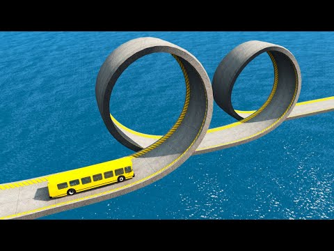Impossible Double Loop Bridge Crossing Rescue Cars Vs Deep Water - BeamNG.Drive