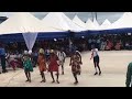 Ghanaian students perform a 'Kpanlogo' dance for their school's 15th anniversary