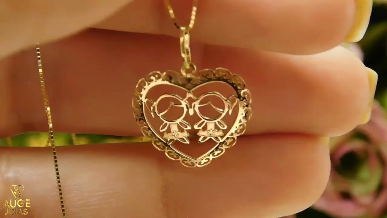 Pingente e gargantilha em Ouro 18K/750 Duas Meninas no Coração PGE140/GPGE140