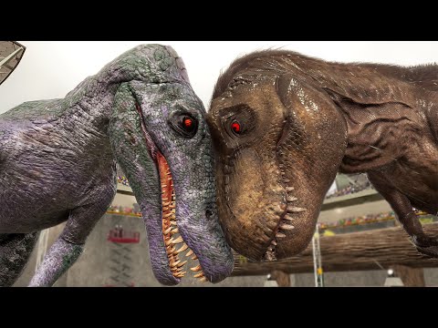 TYRANNOSAURUS REX vs SPINOSAURUS DINOSAURS BATTLE ON ISLA SORNA - Jurassic World Evolution 2