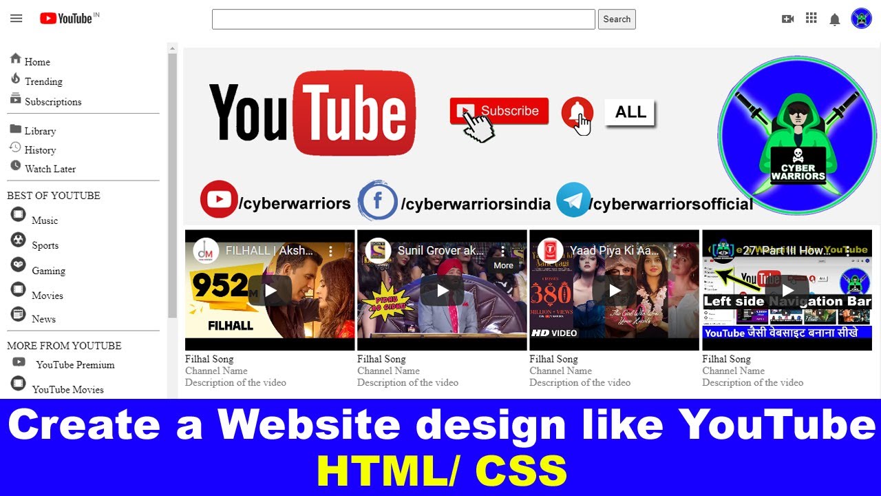 How to create a website like YouTube,video sharing script,HTML tutorial for beginners,cyber warriors