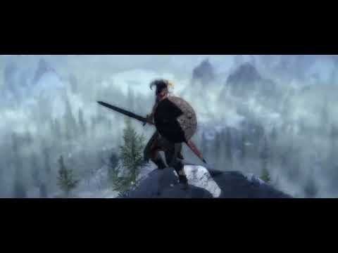 Trailer frame of the Dragonborn silhouette with blowing snow; horns and drums rise