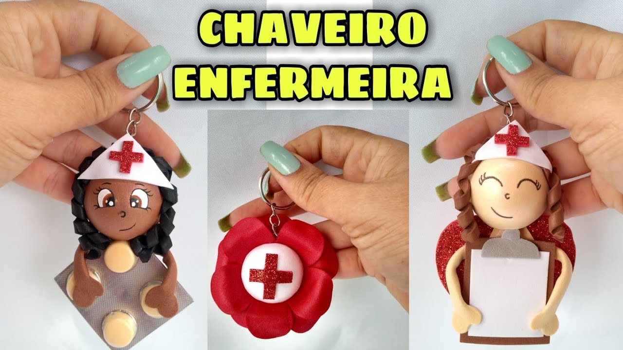 Idéias de chaveiros personalizados para enfermeira | lembrancinha tema enfermagem de eva