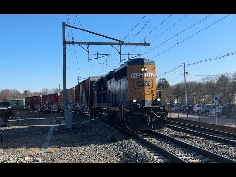Action at Mansfield, MA Station: CSX L011, Acela, NE Regional and MBTA Commuter Rail Trains, 3/27/23