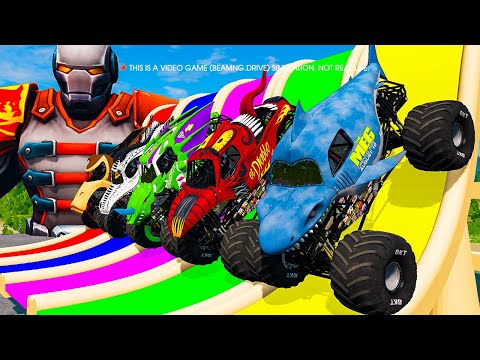 5 Monster Trucks vs Giant Color Water Slide – Mud Pit Ambush (Ep 38)