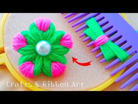 Amazing Woolen Flower Making Ideas with Hair Comb - Hand Embroidery Easy Trick - DIY Woolen Flowers