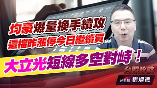 均豪爆量換手續攻，這檔昨漲停今日繼續買，大立光短線多空對峙！｜台股攻略｜劉烱德 (圖)