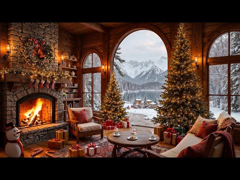 Christmas Background Jazz Music with Warm Crackling Fireplace to Relax 🎄🔥 Christmas Cabin Ambience
