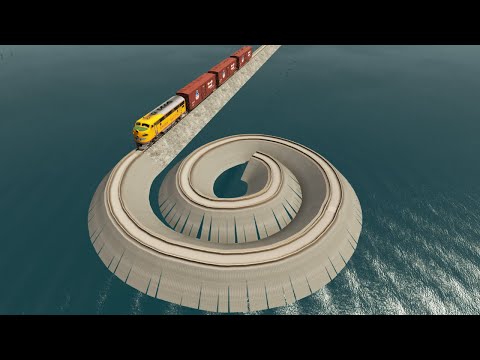 Trains Vs Weird Spiral Deadlock Crossing Rail Tracks - Deep Water- BeamNG.Drive