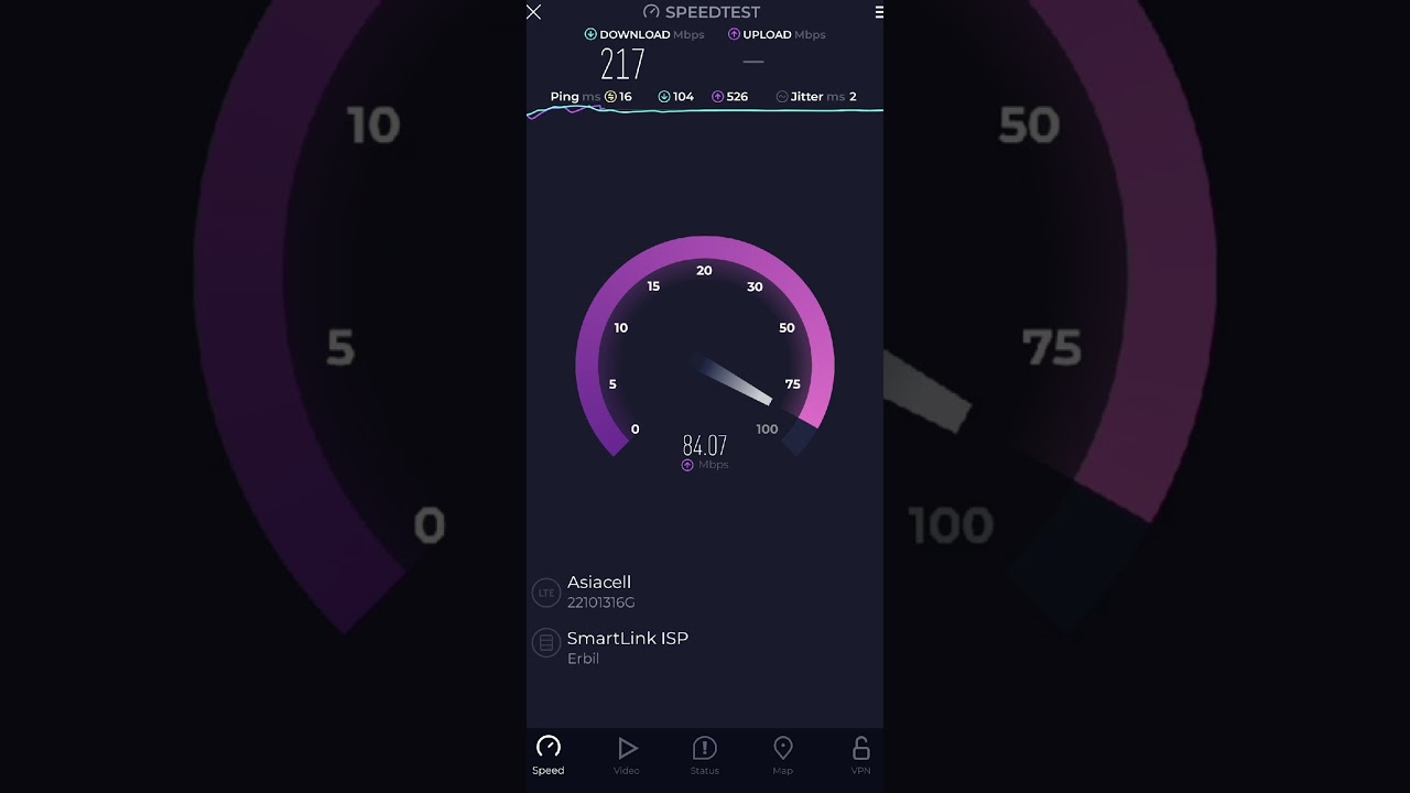 Speed test internet ASIACELL 4G+ In kurdistan 220Mbps download 90 upload