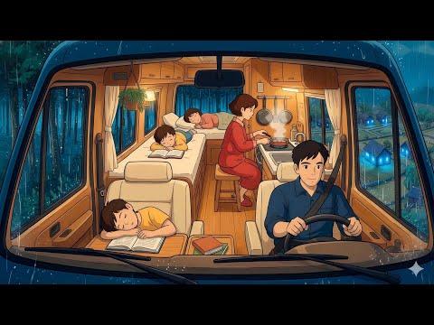 Family road trip overnight in the car during rainy season⛈Studio Ghibli style