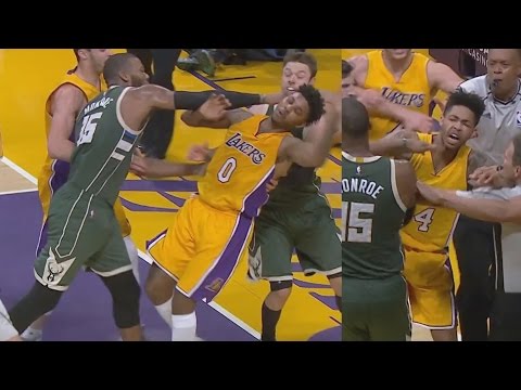 Nick Young, Greg Monroe, Russell Ejected for Fighting! Bucks vs Lakers