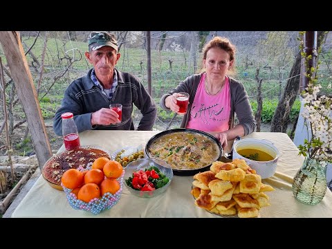 Iftar Menu: Spread of Chicken Porridge, Doughnuts, Cake, Chicken Soup, Salad, and Pickled Vegetables