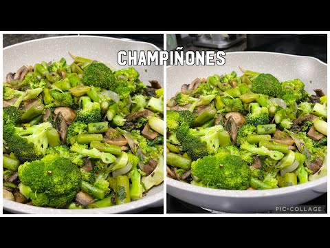 Los más deliciosos champiñones preparados con espárragos y brócoli