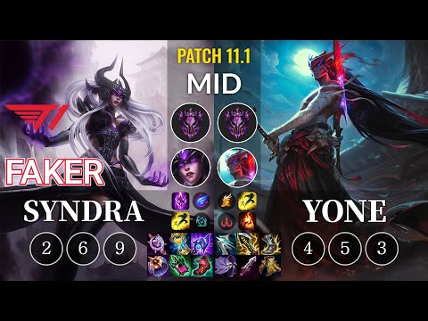 T1 Faker Syndra vs Yone Mid - KR Patch 11.1