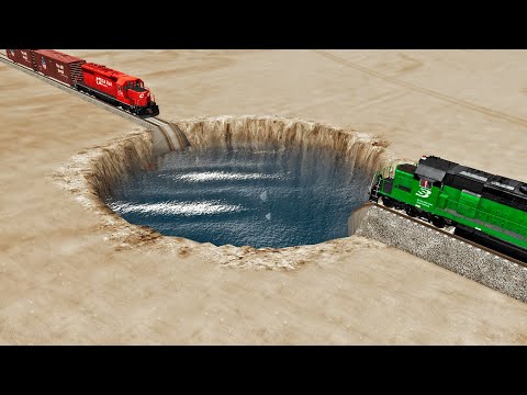 Trains vs Giant Water Pit – BeamNG.Drive