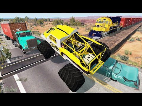 Monster Truck Accidents on Railway - Train Vs Monster Trucks - Beamng drive