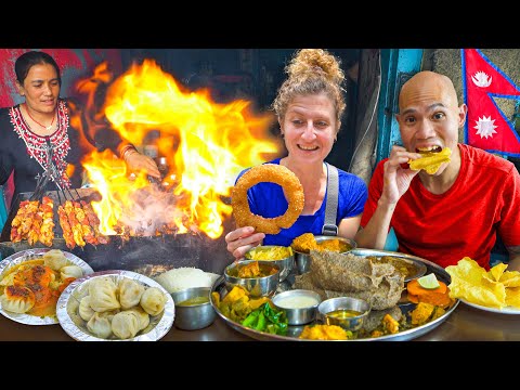 NEPALI Street Food in Kathmandu, Nepal - HUGE Dal Bhat Thakali + Sekuwa BBQ + BEST MOMO in Kathmandu