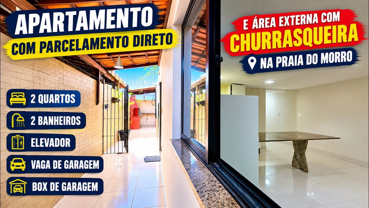 Apartamento na Praia do Morro com pagamento facilitado, área externa, suíte, elevador e vaga marcada