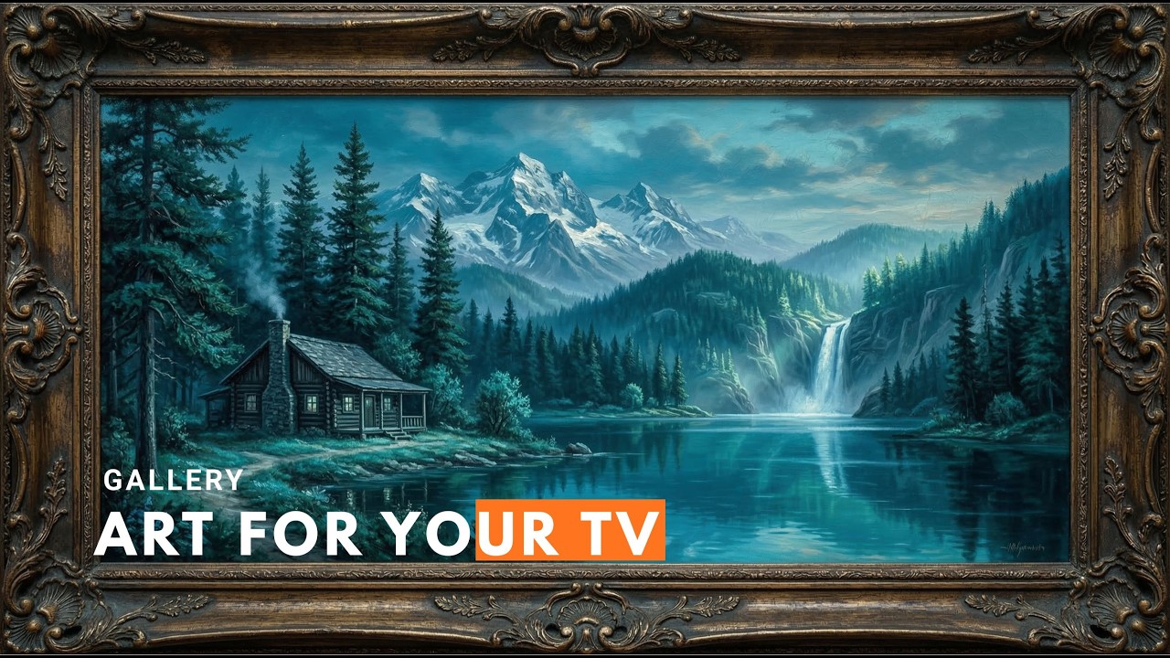 Crystal Clear Mountain Lake Cabin with Waterfall Reflection 4K | Framed Art TV Screensaver