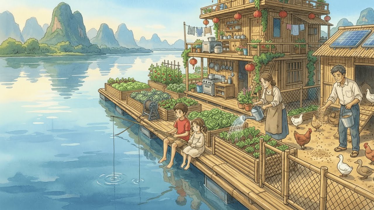 A Peaceful Day on a Floating River House | Ghibli Silent Days