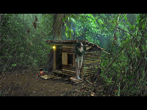Despite the rain, building wood survival shelter in wildlands | Bushcraft camp, Part 1
