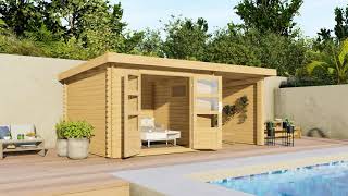 KARIBU Gartenhaus Trittau 3, naturbelassen, Fichtenholz 40mm, 616,5 x 297 x 217 cm, Pultdach, Anbau 3,3m