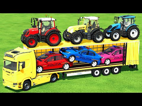 POLICE CARS, FENDT, RIGITRAC, VALTRA, ISEKI TRACTORS TRANSPORTING WITH SCANIA - Farming Simulator 22