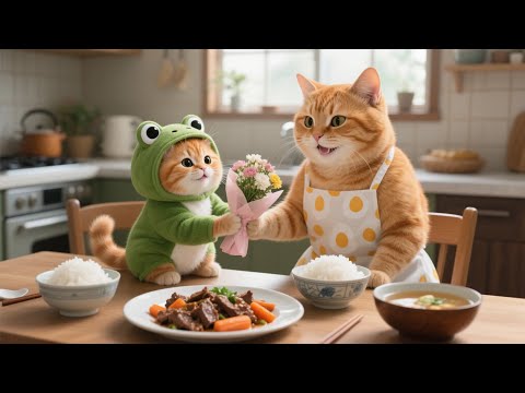 Mama Cat’s Busy Day 😿, Ginger Kitten Cooks and Picks Flowers for Her 🌸