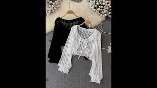 Yearnin - V-Neck Plain Ruffle Trim Tie Front Lace Crop Light Jacket