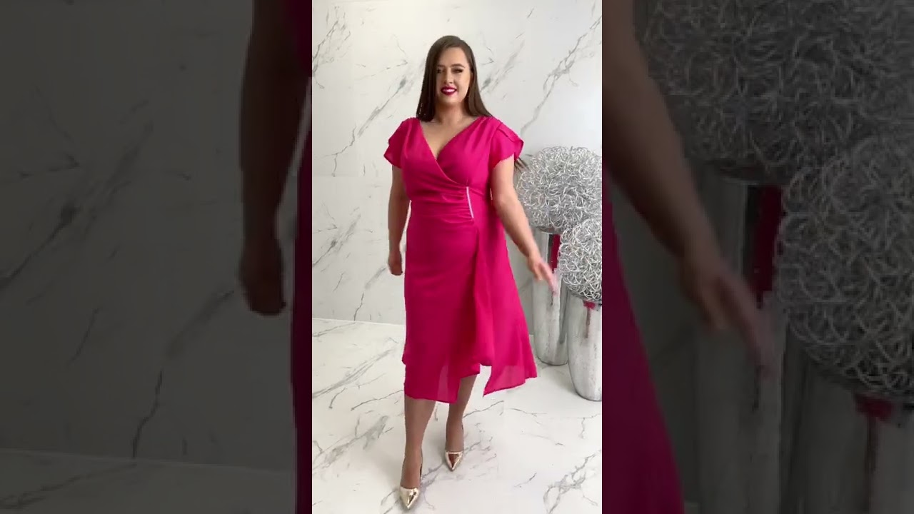 NADIA Sukienka 7/8 Fuksja z Brokatem Plus Size Wesele Komunia Chrzciny Poprawiny