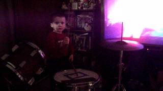 3 Year old plays drums to Apologetix Cheap Birds