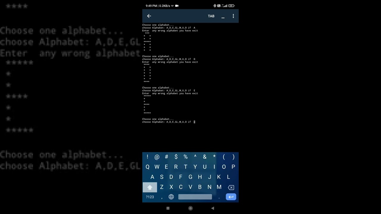 Write a Python program to print alphabet pattern