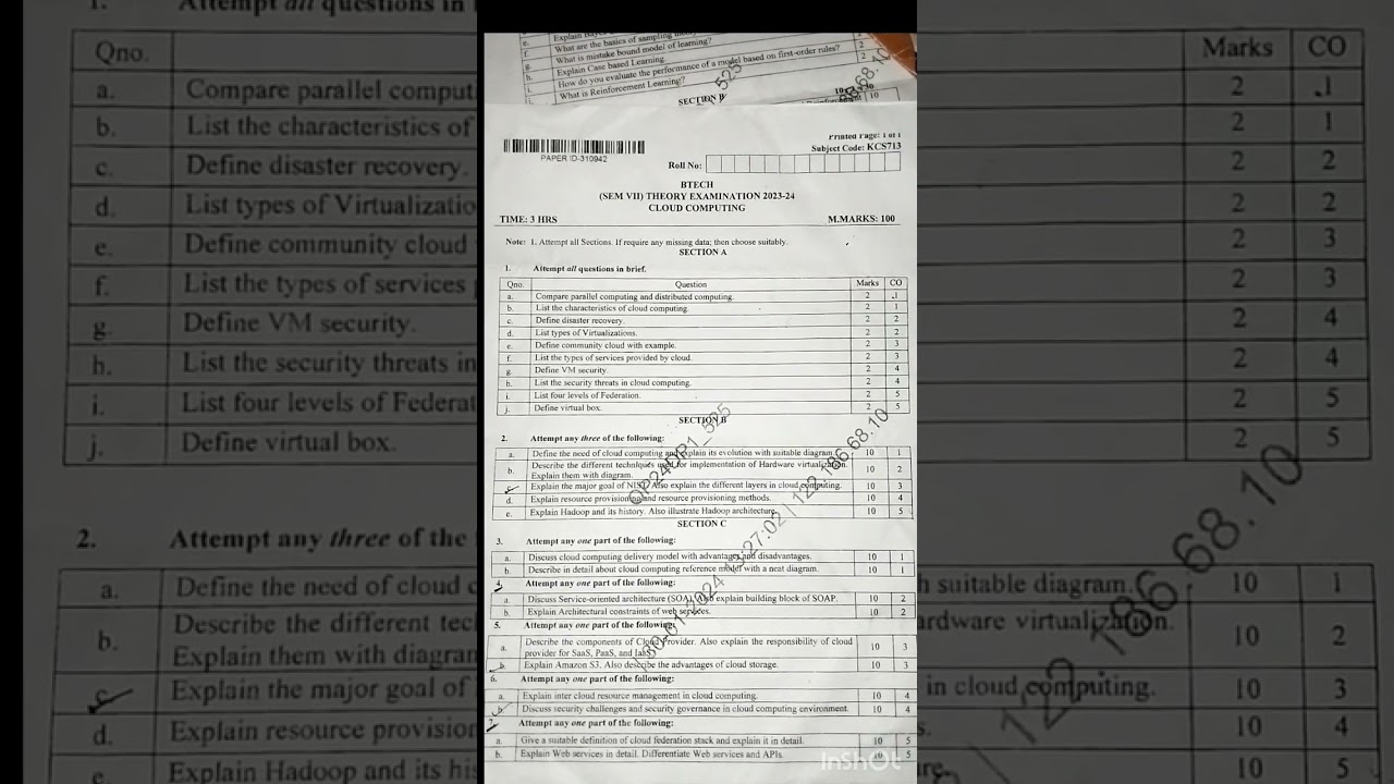 AKTU B.Tech 4th year (7 sem) paper of Cloud Computing (KCS-713) 2023-24