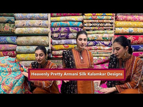 Heavenly Pretty Armani Silk Kalamkar Designs at 10% OFF | Gharara, Sharara, Lehenga, & Gown Fabrics