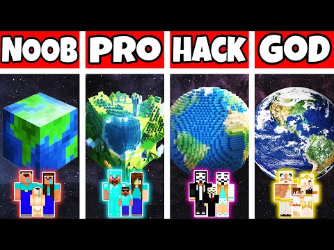 Minecraft: FAMILY PLANET BLOCK HOUSE BUILD CHALLENGE - NOOB vs PRO vs HACKER vs GOD in Minecraft